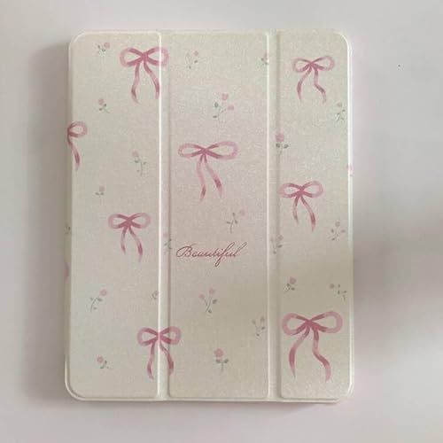 Hartschalen-Schutzhülle für Apple iPad 9, 25,9 cm (10,2 Zoll), lederverstellt, mit Ständer, verspiegelt, cremefarben, mit rosa Schleife, schönes Blumenmuster, schick