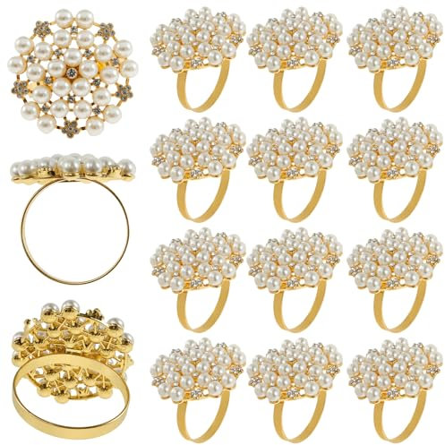 12 Serviettenringe, personalisierbar, Serviettenringe mit Strass, simulierten Perlen, Zinklegierung, Durchmesser 3,7 cm, runde Blumen, Servietten für Hochzeitsfeier, Abendessen, besondere Ereignisse