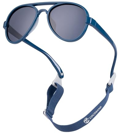 COCOSAND Occhiali da sole aviatore per bambini e bambine, con cinturino, polarizzati, flessibili, stile retrò, per bambini da 0 a 24 mesi, Blu navy (Tpe, silicone morbido), X-Small (Age 0-2)