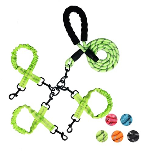 Multi - Dog Leash Set, Adjustable Reflective Nylon Leash with Elastic Bungees for Walking Multiple Dogs, Comfortable Padded Handle, Suitable for Small to Medium Pets (Green Three Leashes)
