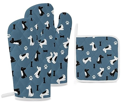 Ofenhandschuhe und Topflappen, 3 Stück, Pfotenknochen, Ofenhandschuhe und heiße Pads, Wärmehandschuhe für Küche, Kochen, Grillen