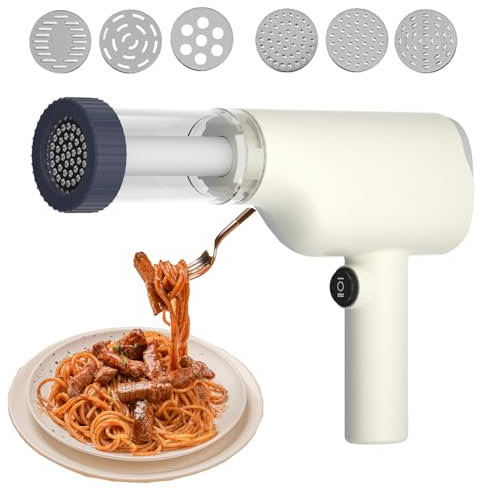 Máquina de Pasta Eléctrica de Mano, 1500mAh Máquina de Pasta Eléctrica Portátil con 6 Moldes 40W Máquina de Pasta Eléctrica Recargable para Hacer Espaguetis/Fettuccine (Blanco)