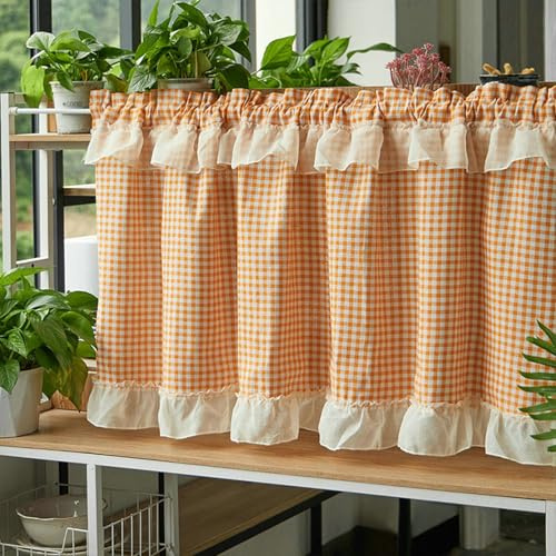 Bishilin Vorhänge Kurz Blickdicht, Bistrogardine Scheibengardine 60 cm Hoch Kariert Motiv mit Rüschen Landhausstil Orange Küchengardinen Fenster 150x60CM, 1 Stück