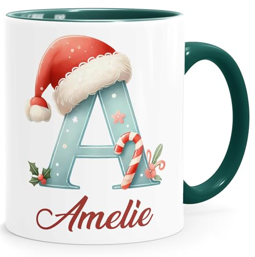 SpecialMe® Kinder-Tasse Weihnachten personalisiert Monogramm Name Weihnachtsmotiv Keramikbecher Weiss-innen-gruen standard