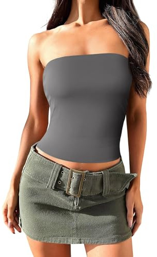 Imily Bela Top de verano para mujer, sexy, bandeau, Y2k, básico, tubo superior, sin tirantes, casual, gris oscuro, XS
