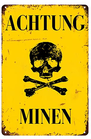 Targa In Metallo Achtung Minen Military Warning Mine Targhe Metallo Decorative Poster Segno Lamiera Vintage Metal Signboard Per Garage Soggiorno Ristorante S