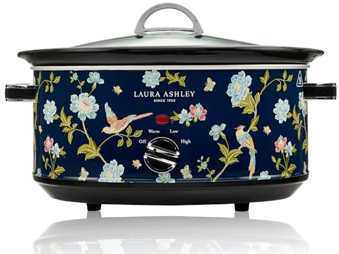 Laura Ashley Elveden Navy Large Slow Cookers 6.5 Litres - Slow Cooker 6.5L | Serves 8-10 People, 3 Heat Settings, Keep Warm, Energy Efficient, Tempered Glass Lid, Dishwasher Safe Removable Ceramic Pot