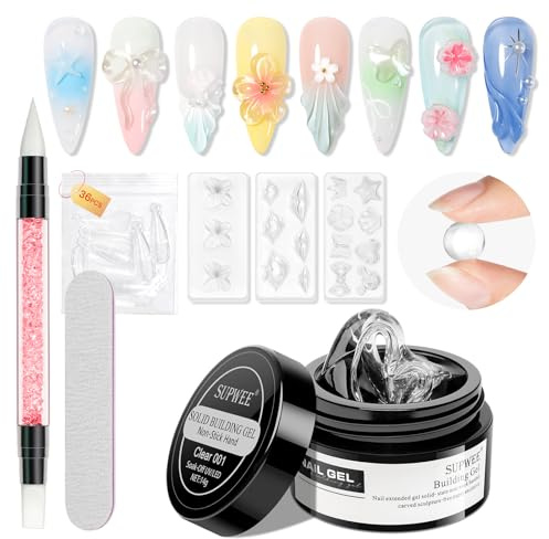 SUPWEE clair Solid Builder Gel 14 g, non adhésif multifonction gel 3d | pour nail art, avec moule en silicone et outils de manucure, gel à ongles pour la maison DIY