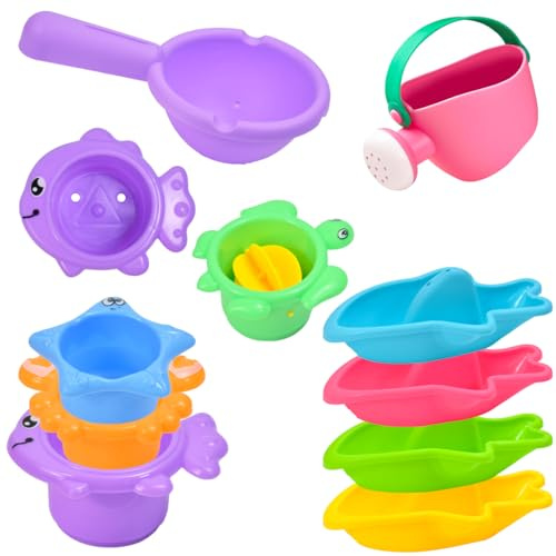 Huucozn 10 PCS Juguetes Baño, Juguetes Bañeras para los Más Pequeños, Juguete de Plastico para Baño, Piscina o Bañera con Barcos, Regadera y Cuchara Porosa, Juguete Bañera Apilables Regalo Navideño