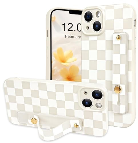 NITITOP Compatible with iPhone 14 Case Cute with Wrist Hand Strap Checkboard Checkered Pattern Aesthetic for Women Girls Plaid Adjustable Kickstand Protective Cover - White