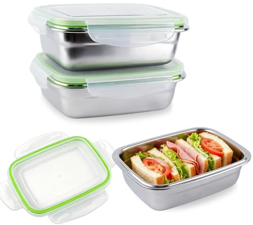 CZCMYAU 3PCS 550ml Stainless Steel Lunch Sandwich Box,Leakproof Food Containers with Lids,Food Grade Bento Box Reusable Stackable Meal Prep Food Containers for Kitchen,Families