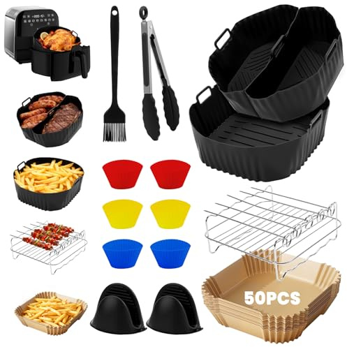 Accessori Friggitrice ad Aria, 14 Pezzi Accessori Airfryer Quadrata Compatibile con Ninja, Philips, COSORI, Russell Hobbs, Cecotec, con Stampo Silicone, Griglia, Carta Forno