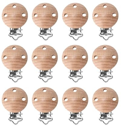 HUVZOR 12 Piezas Clip de Chupete de Madera para Bebé - Evita Pérdidas con Cadena Segura, Accesorios DIY para Chupetes y Portabilidad sin Preocupaciones
