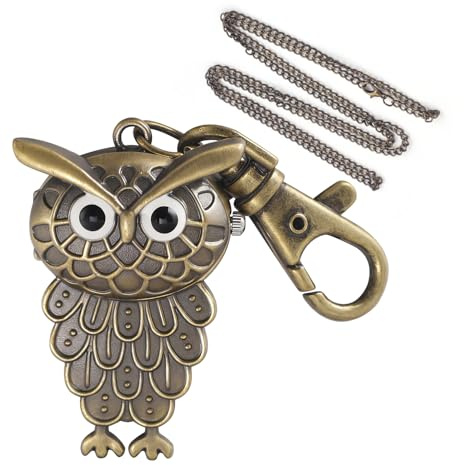 Tiong Vintage Style owl Shaped Men's Quartz Pocket Watch, Dual use with Chain and Keychain, Convenient for Both Men and Women