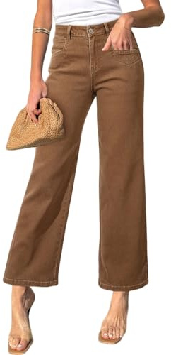Sidefeel Women's Jeans High Waisted Wide Leg Jeans Stretchy Straight Leg Zimbaplatinum Ankle Denim Pants with Slant Pockets Brown Size 2