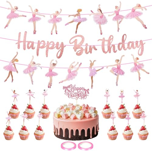 3 Stück Happy Birthday Girlande Mädchen, Girlande Geburtstag Ballerina, Rosa Geburtstagsgirlande, Ballerina Geburtstagsdeko mit Cupcake Topper für Geburtstag, Babyparty, Hochzei