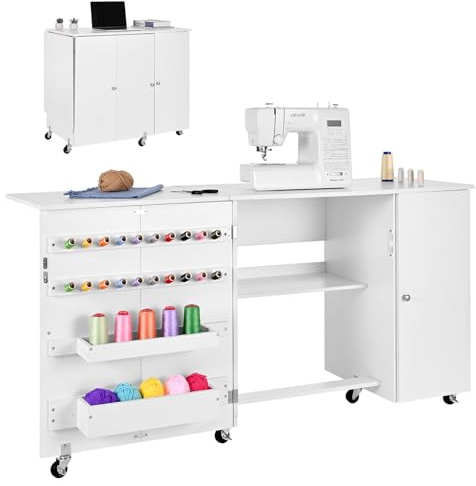 VEVOR Tavolo da Cucito Pieghevole Tavolo Multiuso per Macchina da Cucire con Mobiletto Design Compatto, Porta Magnetica, Postazione per Lavori Artigianali e Scrivania per Casa, Bianco