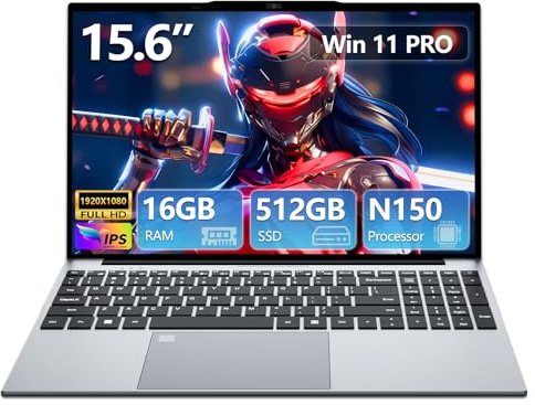 15,6 Inch Ordenador Portátil 13.ª Gen N150,16GB DDR4 SSD 512GB,Win 11 PC Portátil Pantalla 1920 x 1080P, Laptop Teclado Retroiluminado, Desbloqueo Huellas Dactilares, WiFI5, Webcam, USB3.0, HDMI