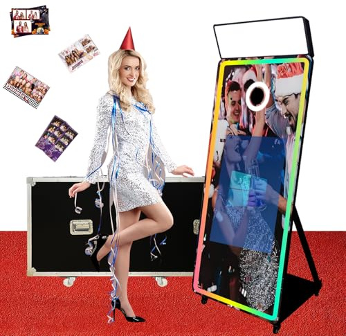Appareil photo miroir magique avec écran tactile interactif, cabine photo reflex numérique, mini PC intégré, logiciel d'éclairage RVB et étui de vol pour événement, location, fête de mariage (noir