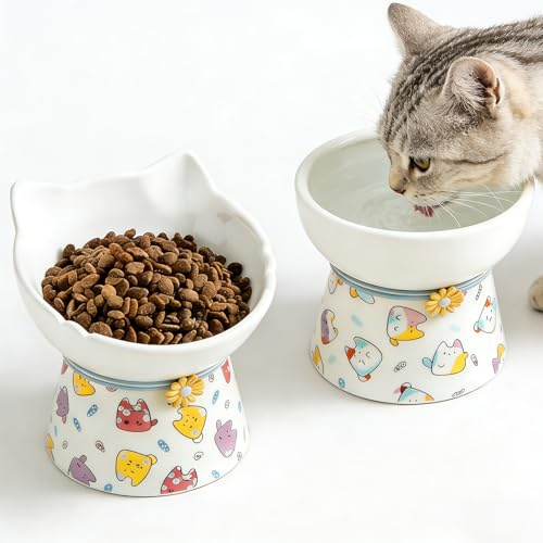 2 ciotole per gatti rialzate in ceramica, rialzate a 15°, per gatti e gatti anti-vomito, anti-vomito e protezione della colonna vertebrale degli animali domestici, ciotola per mangiatoia per animali