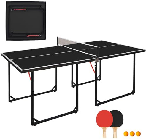 GYMFLEX Bordtennisbord, vikbar, mellanstorlek, bordtennisskiva, multifunktionellt ping pong-bordsset, inklusive nät, 2 bordtennisracket och 3 bollar med svart bordsskiva och svarta bordsben