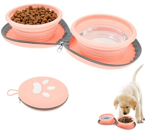Faltbarer Hundenapf, 2-in-1-Silikon-Futter- und Wassernapf mit Karabiner, tragbarer Doppelfachnapf für Reisen, Camping, Wandern, Welpen-Essential (Braun oder Rosa)(Rosa)