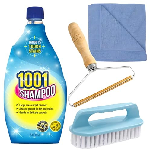 1001 Carpet Cleaner Bundle – Carpet Shampoo & Foam Cleaner with Iron-Shaped Cleaning Brush, Magic Lint & Pet Hair Remover Tool & Cloth | Carpet & Upholstery Cleaner Kit for Rugs, Sofas & Car Interiors
