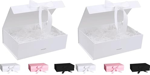 Geschenkbox Mit Schleife und Deckel, Magnetische Box Mit Schleifenband und Geschreddertem Papier für Hochzeit, Geburtstag, Weihnachten, Jubiläum (Weiß, 27 * 19 * 8cm) (Packung mit 2)