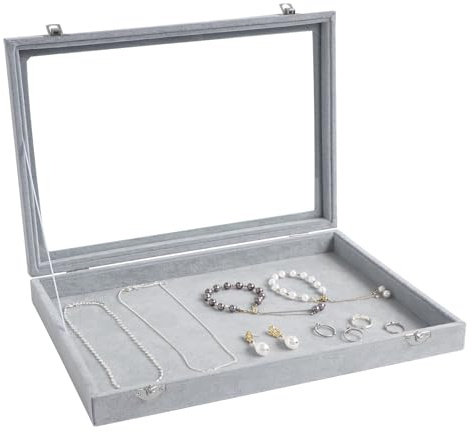 Wudygirl Velvet Jewelry Organizer Empty Jewelry Tray Organizer Jewelry Box Storage Case Display Necklaces Earring Stackable Tray Containers Clear Lid (DIY Box)