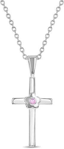In Season Jewelry Cross Necklace for Girls - Hypoallergenic 925 Sterling Silver Small Religious Cross Pendant with Cubic Zirconia Flower - 16 Chain, Christian Gifts for Children & Preteens, Pink