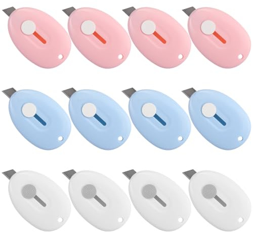 Cosmos Pack of 12 Mini Retractable Utility Knife Box Cutter Letter Opener, Random Color, with 1 Pc Marble Pattern Storage Bag