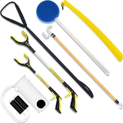 RMS Premium 7-Piece Hip & Knee Kit with Leg Lifter, 19” & 32” Reachers, Sock Aid, Dressing Stick, Bath Sponge & Shoe Horn – Long-Term Orthopedic Aids for Chronic Hip, Knee & Mobility Limitations