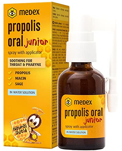 Medex Propolis Oral Junior, alkoholfrei Mundspray und Rachenspray, wasserbasiert, OHNE Alkohol; mit Zusatz von Honig, Salbei, Niacin, Fichtenspitzen, mit Applikator, für Kinder ab 3 Jahren, 30 ml