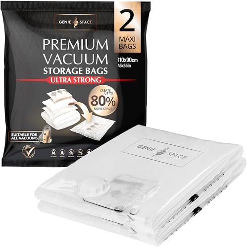 GENIE SPACE Premium Vacuum Storage Bags for Clothes, Bedding and Travel, Maxi Size 110x90cm, Airtight, Reusable and Odour-Proof Space Saver Bags with Double Seal, 2 Pack