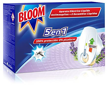 Bloom Insecticida Eléctrico Líquido Lavanda y Eucalipto (1 aparato + 2 recambios), insecticida eléctrico para mosquitos común y tigre, tecnología doble eficacia