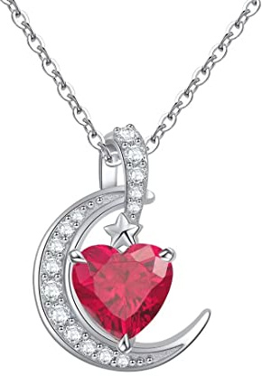 Qings July Birthstone Crescent Moon Necklace - Ruby Pendant Necklaces Red Gem S925 Christmas Birthday Gift for Girls Women Mother Wife