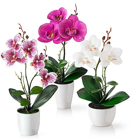 PASCH® Kunstblumen im Topf (35cm) - 3er Set Orchideen künstlich abgestimmtes Arrangement in Hochglanz-Keramiktöpfen, Deko Blumen künstlich, künstliche Orchideen (Weiß-Rosé)