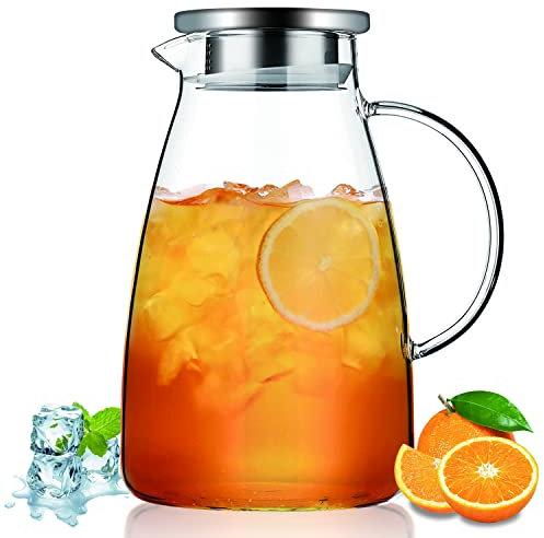 Kyraton jarra agua con tapa extraíble 2L, botellas de vidrio transparente para bebidas frías y calientes, resistente al calor fáciles de limpiar para té, café, jugo