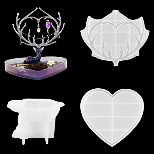 Zayookey 3 Pz Stampo in Resina Espositore per Gioielli Stampo in Silicone Vassoio a Forma di Cuore Stampo Epossidica Stampo Colata Cervo per Fai da Te Antlers Resin Mold (Jewelry Stand Mold A)