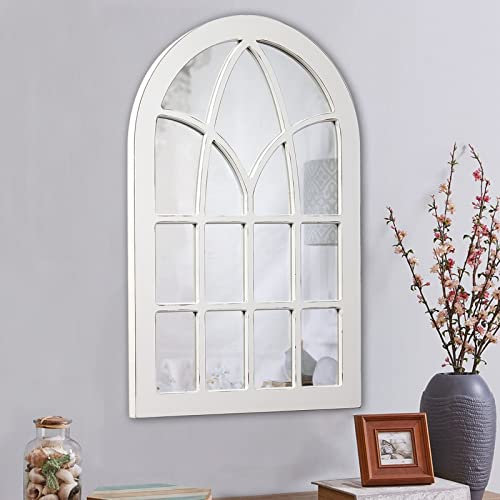 Sintosin Espejo grande arqueado para ventana, decoración de pared, 36 x 24 pulgadas, ventana de espejo blanco rústico colgante, espejo decorativo de madera montado en la pared para sala de estar y