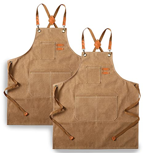 Tosewever 2 Pack Canvas Cross Back Chef Apron for Men Women with Pockets, Cotton Tool Aprons for Cooking Kitchen BBQ Artist (Brown, 2 Pack)