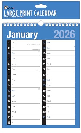 2026 A4 Month to View Wall Calendar | Blue & White Spiral Bound Planner | Includes Holidays & Notable Dates | For Home, Office, School & Business Use