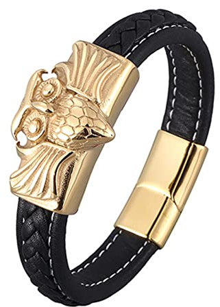 Dsnyu Bettelarmband Junge, Gold Leder Armreif Herren, 16.5CM Eule Armband Gothic für Geliebten