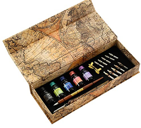 ISAKEN Schreibfeder Tinte Set, Schönschreibfüller Schreiben Tinte Set mit 10 Ersatzspitzen, Antike Kalligraphie Tintenflasche für Kunst, Unterschriften, Handlettering, Dekoration, Geschenk
