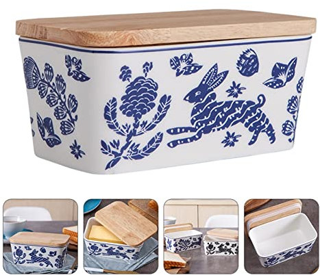 EXENXA Mantequera con Tapa 1 Pieza Mantequera de cerámica Estampada Contenedor de Mantequilla con Tapa de Madera Mantequera para encimera (Color : Black White, Size : M) (Blue White M)