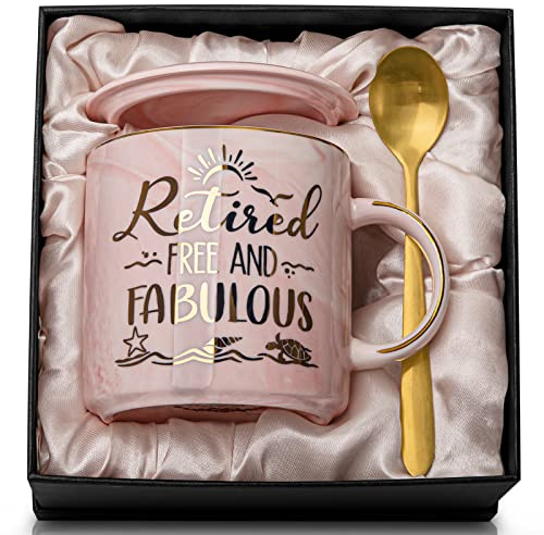 Retirement Gifts for Women, Retired Free and Fabulous, 14oz Pink Marble Cup | Colleagues Leaving Gift, 14oz Gold Print Coffee Mug with Gift Box, Retire Gifts for Teacher Boss Lady Colleagues Best Friend