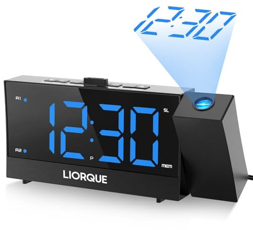 LIORQUE Projection Alarm Clock, Projection Clocks for Bedrooms with FM Radio Alarm Clock with Projector, Brightness Dimmer, Adjustable Volume, Snooze, USB Charger, Digital Alarm Clock for Bedroom