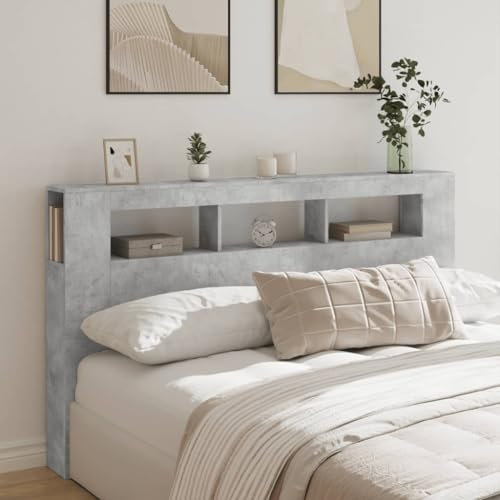 BAZZI Testiera Letto Matrimoniale Testiera Letto con Contenitore con Luci in Legno Multistrato Grigio Cemento 180x18,5x103,5 cm