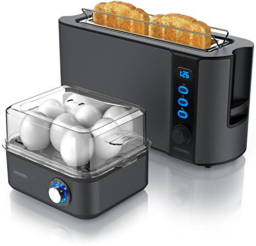 Arendo Set Ensembles grille-pain FRUKOST et cuiseur à oeufs EIGHTCOOK Inox Cool Grey, Toaster 2 tranches écran LED 6 degrés de brunissage support viennoiserie, Cuiseur à oeufs 1-8 oeufs verre doseur