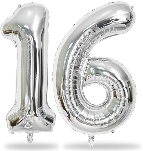 Silver 16th Birthday Balloons for Boys, 40 Inch Mylar Self Inflating 16 Balloon Number, Big Foil 1 and 6 Helium 16 Balloons for Women Men Girls Birthday Party Decorations Anniversary Decor Supplies
